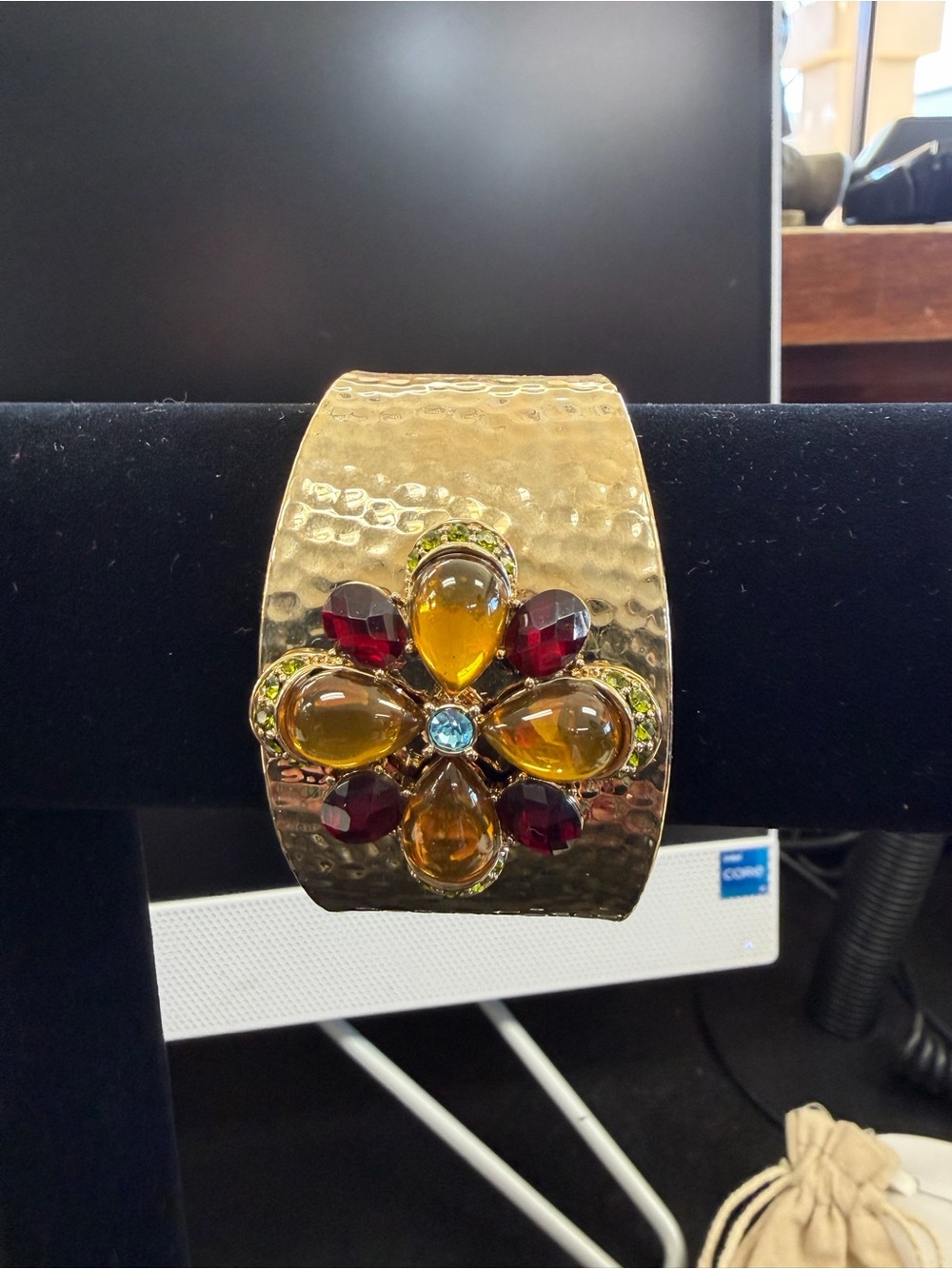 Gold-Tone Hammered Cuff Bracelet with Amber & Garnet Flower Accent